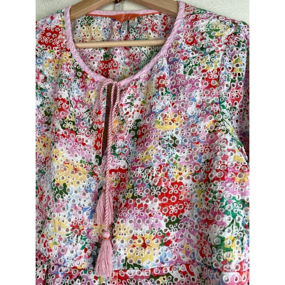 Joules Floral Eyelet Cotton Blouse White Pink Tassel Tie Size 12 - Picture 6 of 12